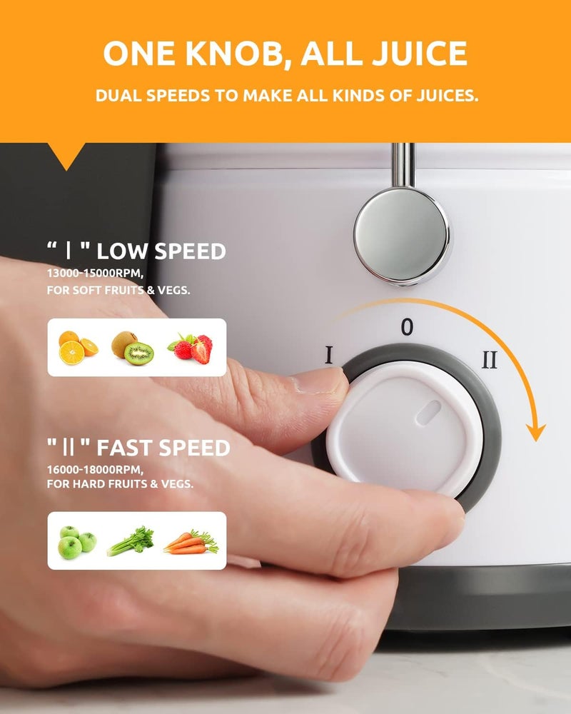 GDOR 800W Juicer Machine, 3” Wide Feed Chute, Dual-Speed Centrifugal Juicer for Fruits & Vegetables, Anti-Drip Function, BPA-Free, Easy to Clean with Brush, White - Image 4